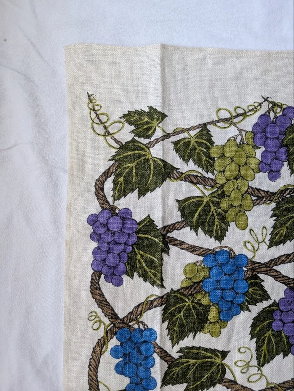 Vintage Lois Long Grape Vine Kitchen Towel in Blue, Purple, Olive